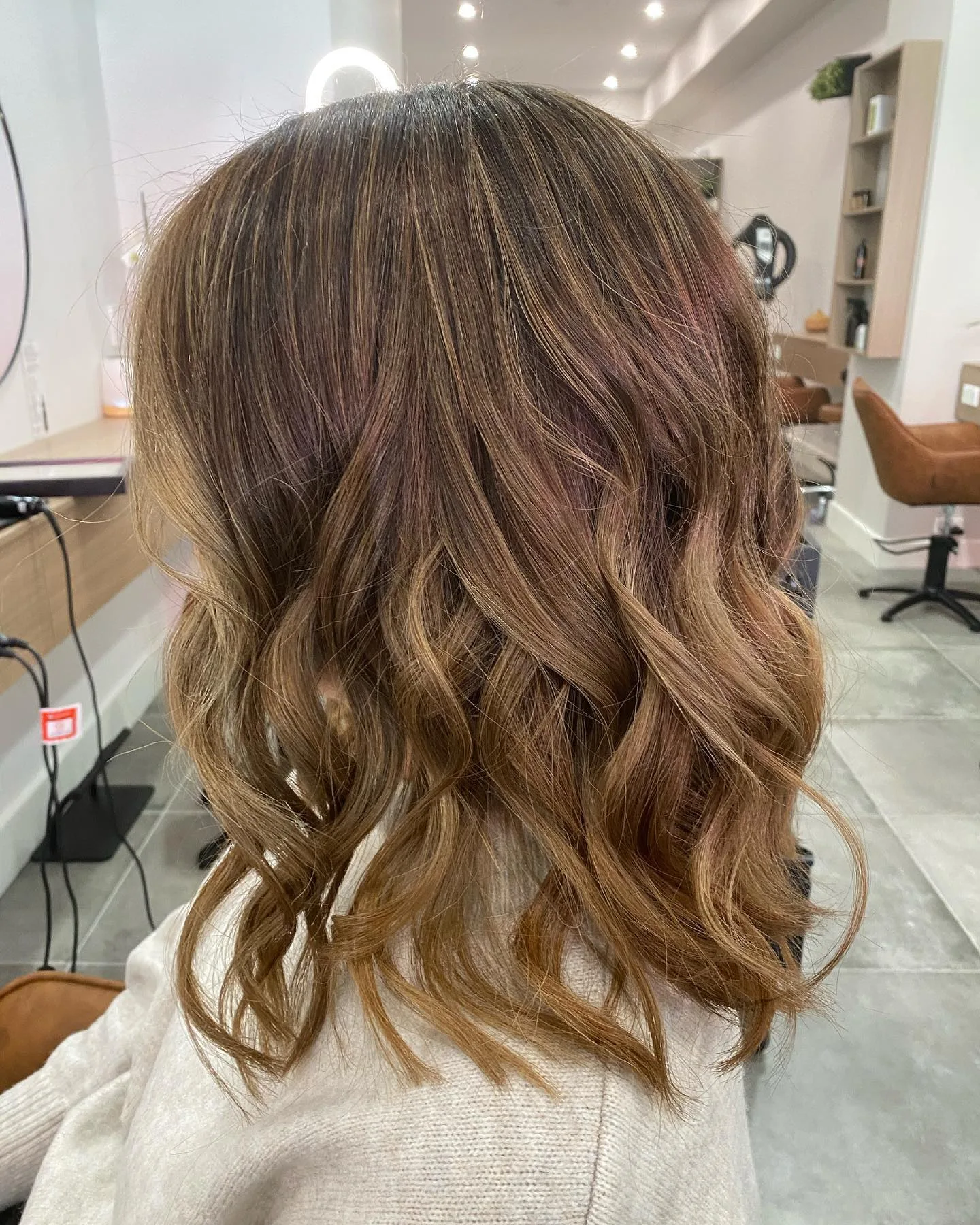 Caramel balayage with violet root shadow